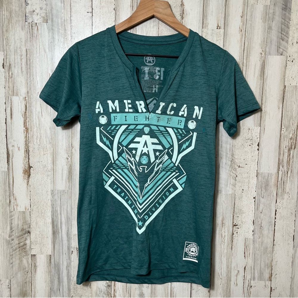 American Fighter Teal Short Sleeve V Neck Tee Womens Size Small